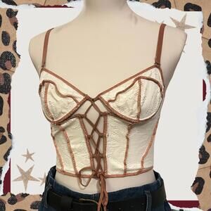 Prairie Cottagecore fairy Inspired Lace-Up Corset Crop Top in Cream & Brown